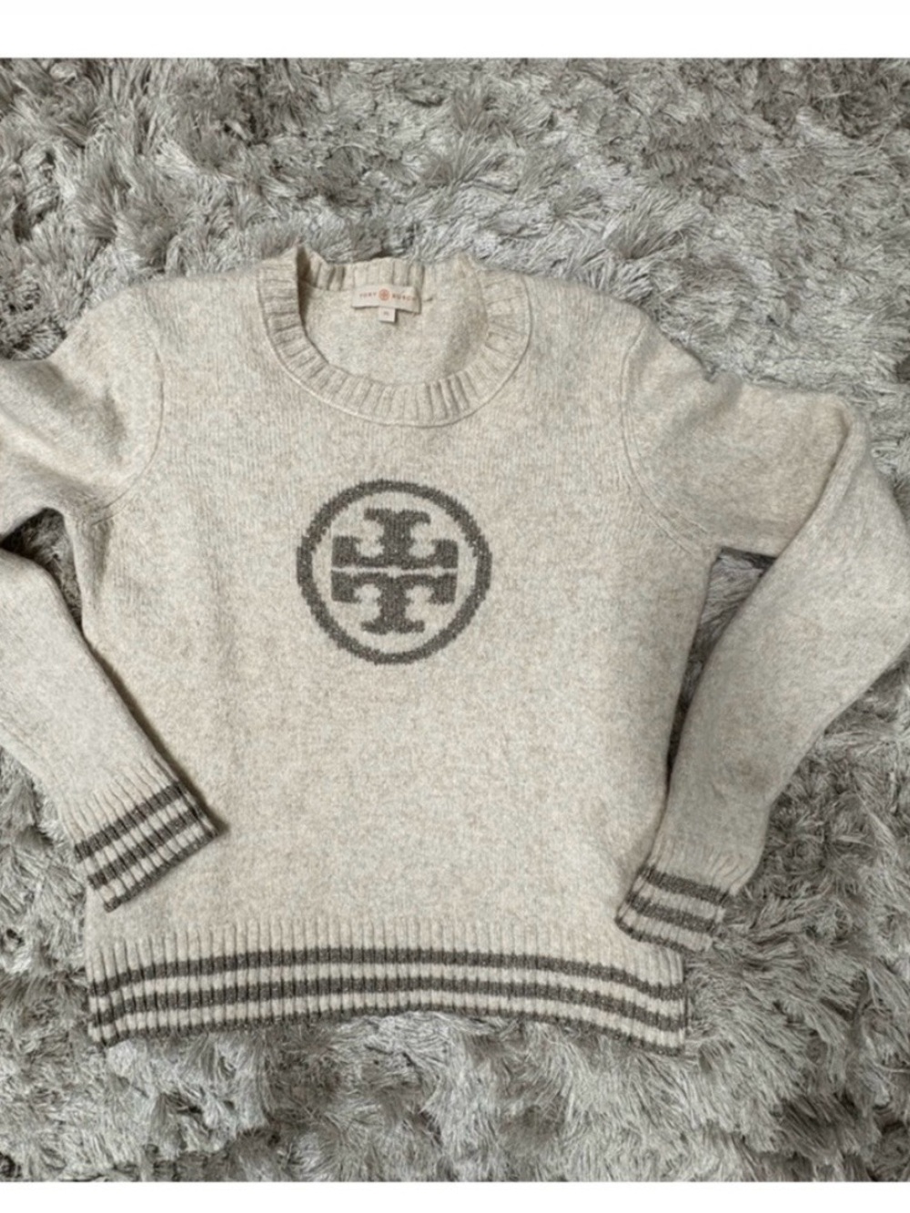 Tory Burch Men's Crewneck Wool Sweater in Light Gray with Dark Gray Logo
